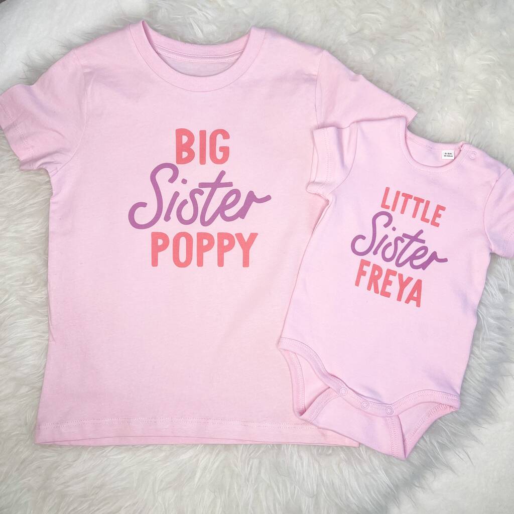 Personalised Big Sister Little Sister Pink T Shirt Set, 1 of 2