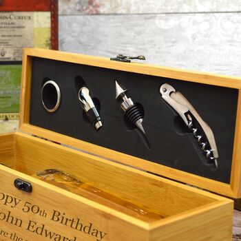 Personalised Wooden Wine Bottle Box With Accessories, 3 of 6