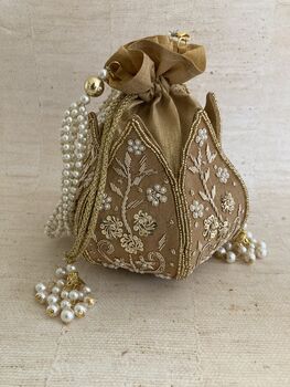 Gold Handcrafted Raw Silk Potli Bag/Wrist Bag, 8 of 8
