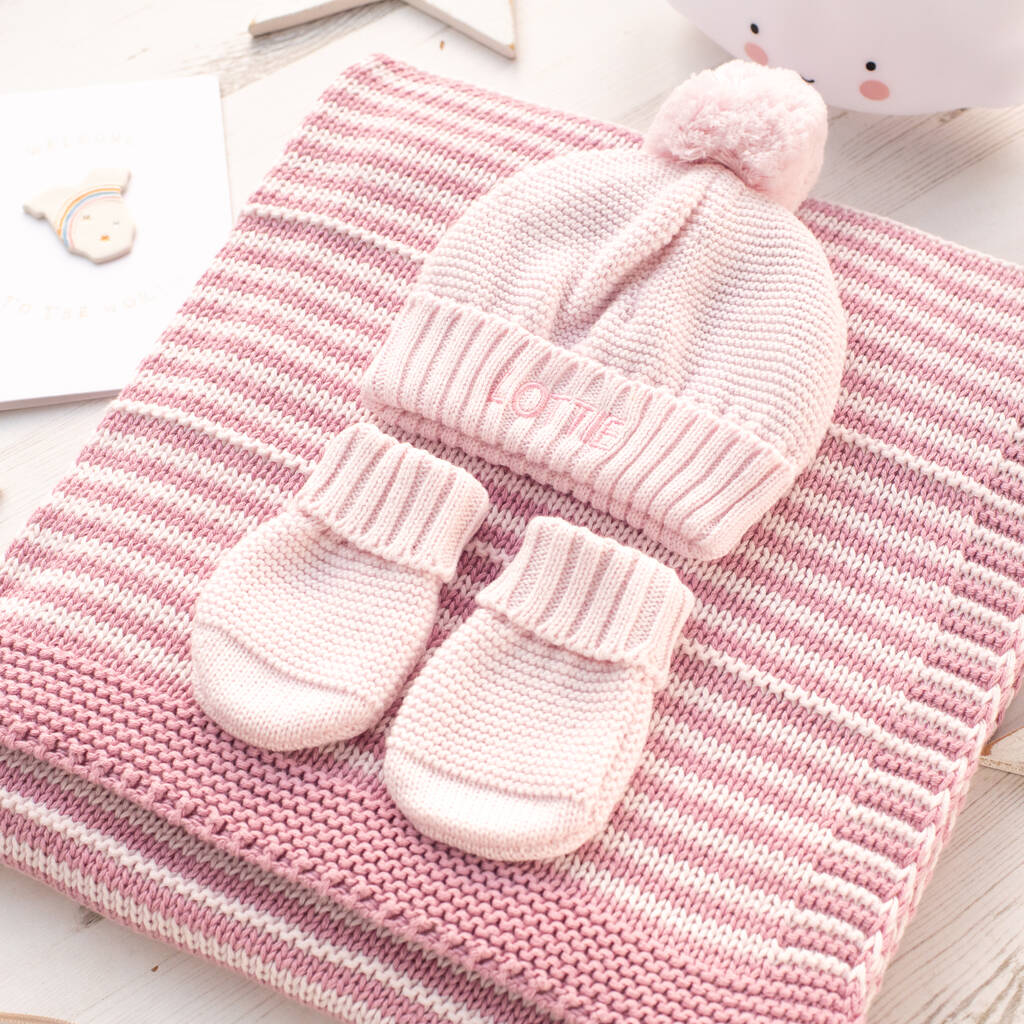 Girls Dainty Stripe Blanket, Bobble Hat And Mittens Set, 1 of 12