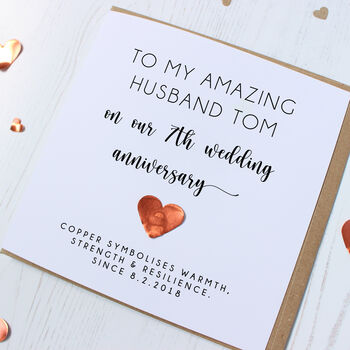 Personalised 7th Anniversary Card With Copper Heart, 7 of 11