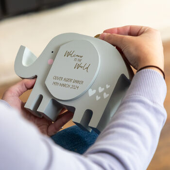 Personalised Elephant Money Box Welcome To The World, 2 of 6
