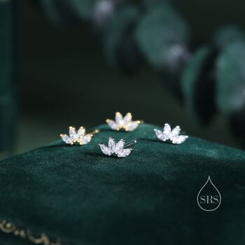 Sterling Silver Lotus Flower Cz Screw Back Or Stud Earrings, 2 of 12