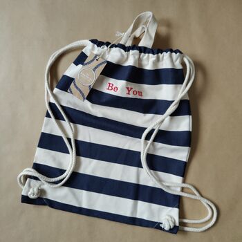 Nautical Striped Cotton Drawstring Bag Backpack, 5 of 12