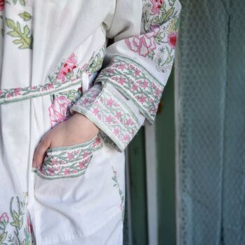 Block Printed Floral Bird Cotton Dressing Gown, 3 of 5