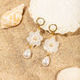 18 K Gold Plated Huggie Hoops With Teardrop Pearl, Flower, And Ivory Pearl Rhinestone Dangle Earrings, thumbnail 2 of 6