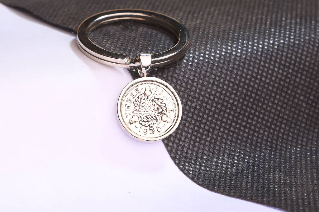 1936 90th Birthday Silver Threepence Coin Keyring Gift, 1 of 5