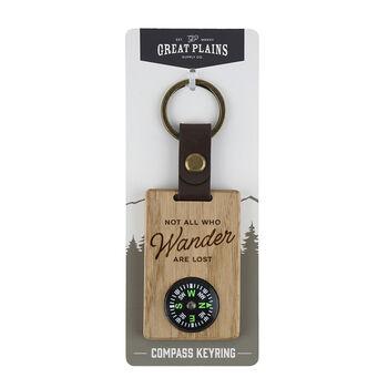 Great Plains 'Not All Who Wander…' Oak Compass Keyring, 2 of 2