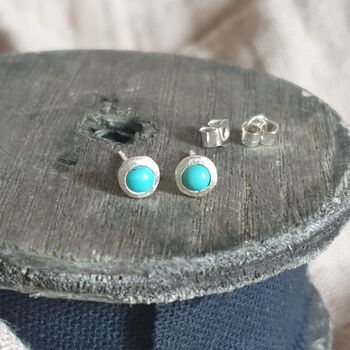 Turquoise Hammered Silver Dainty Stud Earrings, 2 of 4