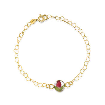 Real Flower Heart Chain 18ct Gold Plated Silver Bracelet – 11 Floral Styles, 10 of 12