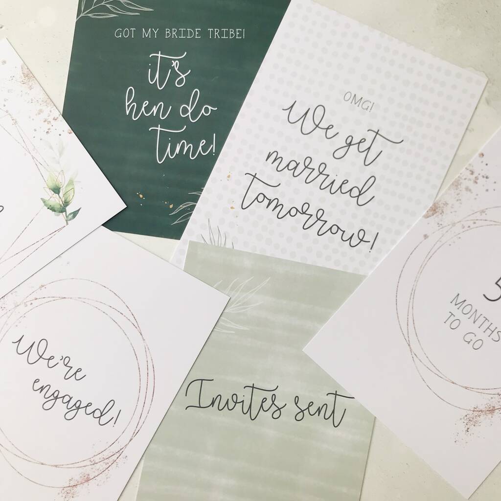 bride to be wedding milestone cardswhite olive design