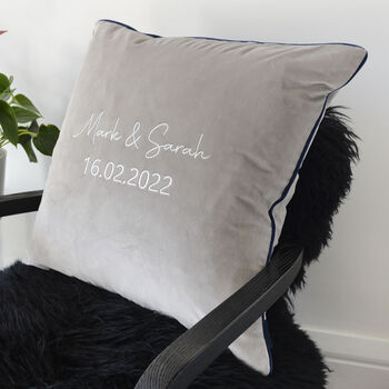 Personalised Wedding Silver Embroidery Velvet Cushion, 6 of 6