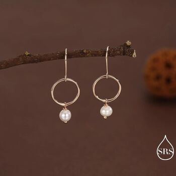 Genuine Freshwater Pearl And Circle Dangle Drop Earrings In Sterling Silver, 7 of 11