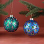 G Decor Hand Painted Glass Christmas Bauble Hanging Decoration Peacock Tail Design In Emerald Green Or Royal Blue, thumbnail 1 of 3