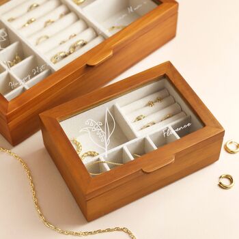 Personalised Birth Flower Glass Top Wood Jewellery Box, 4 of 6