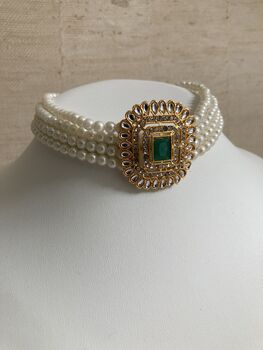 Green Beaded Pearl Gold Plated Indian Choker Set, 6 of 7