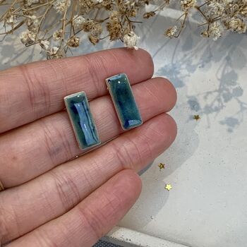 Crackle Blue Green Ceramic Bar Stud Earrings Minimalist Rectangular Studs, 3 of 11