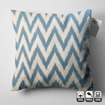 Ice Blue Zig Zag Handwoven Ikat Cushion Cover, 7 of 8