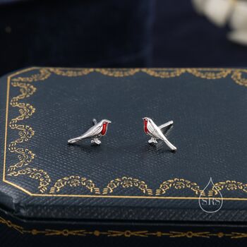 Sterling Silver Enamel Robin Bird Stud Earrings, 2 of 10