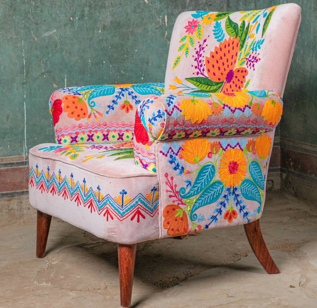 Soft Pink Embroidered Bloomberg Velvet Armchair By Birch & Yarn | notonthehighstreet.com