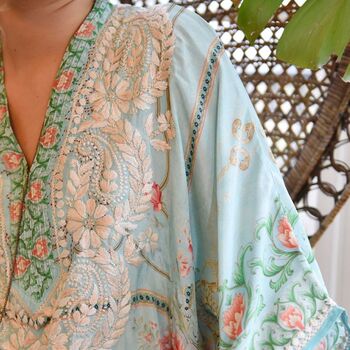 Floral Rose Border Viscose Kaftan In Turquoise With Heavy Cream Fishbone Embroidery, 3 of 7