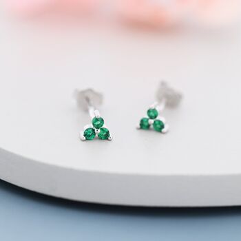 Tiny Emerald Green Trio Stud Earrings Sterling Silver, 2 of 11