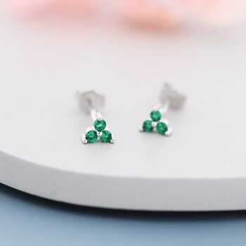 Tiny Emerald Green Trio Stud Earrings Sterling Silver, 2 of 12