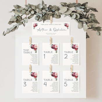 Wedding Seating Plan Cards Burgundy Red Pink Florals, 6 of 7