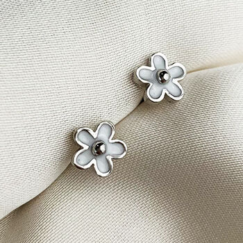 Sterling Silver Tiny Black Or White Flower Stud Earrings, 5 of 9