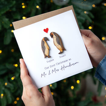 Wooden Penguin Couple Christmas Keepsake Card, 2 of 2