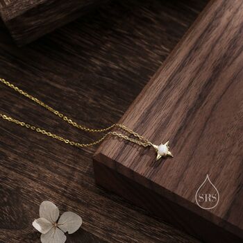 Tiny White Opal Four Point Star Pendant Necklace, 3 of 11
