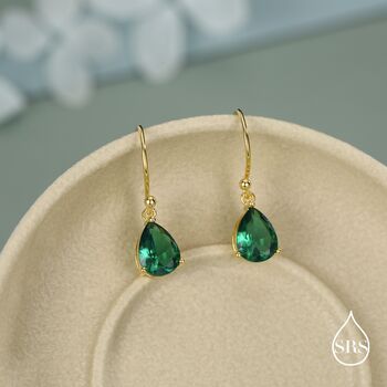 Sterling Silver Emerald Green Pear Cut Cz Drop Earrings, 6 of 11