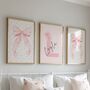 Girls Personalised Bow Themed Print Set Of Three For Nursery Or Bedroom, thumbnail 1 of 5