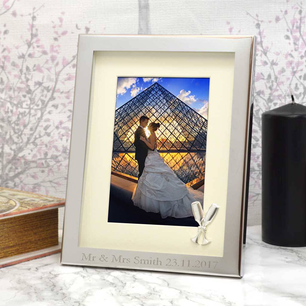 Personalised Silver Wedding Frame With Champagne Flutes By