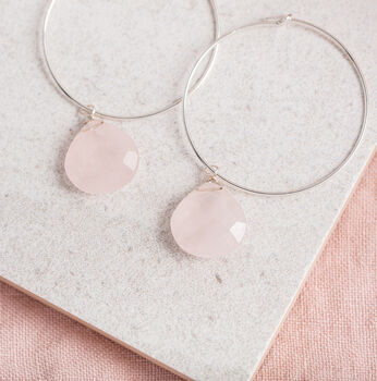 Sterling Silver Rose Quartz Gemstone Hoop Earrings, 2 of 2