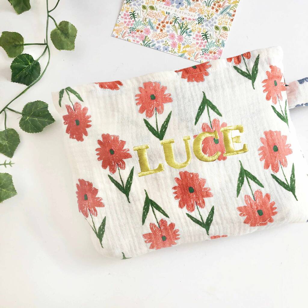 Personalised Baby Blankets, Red Floral Muslin Blanket By Mustard Monday