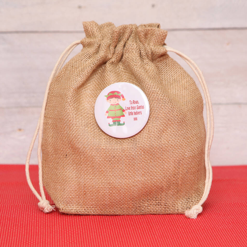 Mini Jute Gift Sack With Personalised Elf Badge – Boy Or Girl Design, 1 of 3