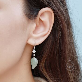 Sterling Silver Dangling Carved Jade Leaf Earrings With Natural Freshwater Pearls, 5 of 12