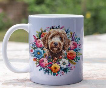 Personalised Labradoodle Summer Floral Dog Wreath Cushion And Mug Gift Bundle, 3 of 4