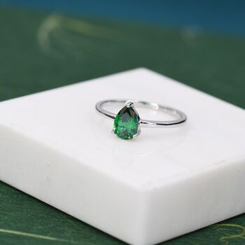 Sterling Silver One Carat Emerald Green Cz Pear Cut Ring, 2 of 12