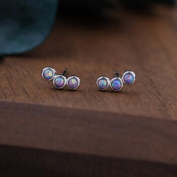 Sterling Silver Tiny Purple Opal Trio Stud Earrings, 4 of 12