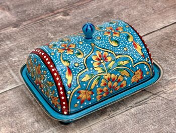 Handpainted Blue Patterned Butter Dish, 3 of 5