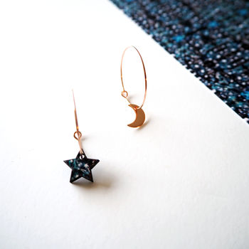 Moon And Star Rose Gold Hoop Earrings, 2 of 4