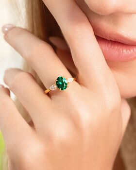 Emerald Oval Cut Three Stone Engagement Ring In Sterling Silver And Gold, 8 of 12
