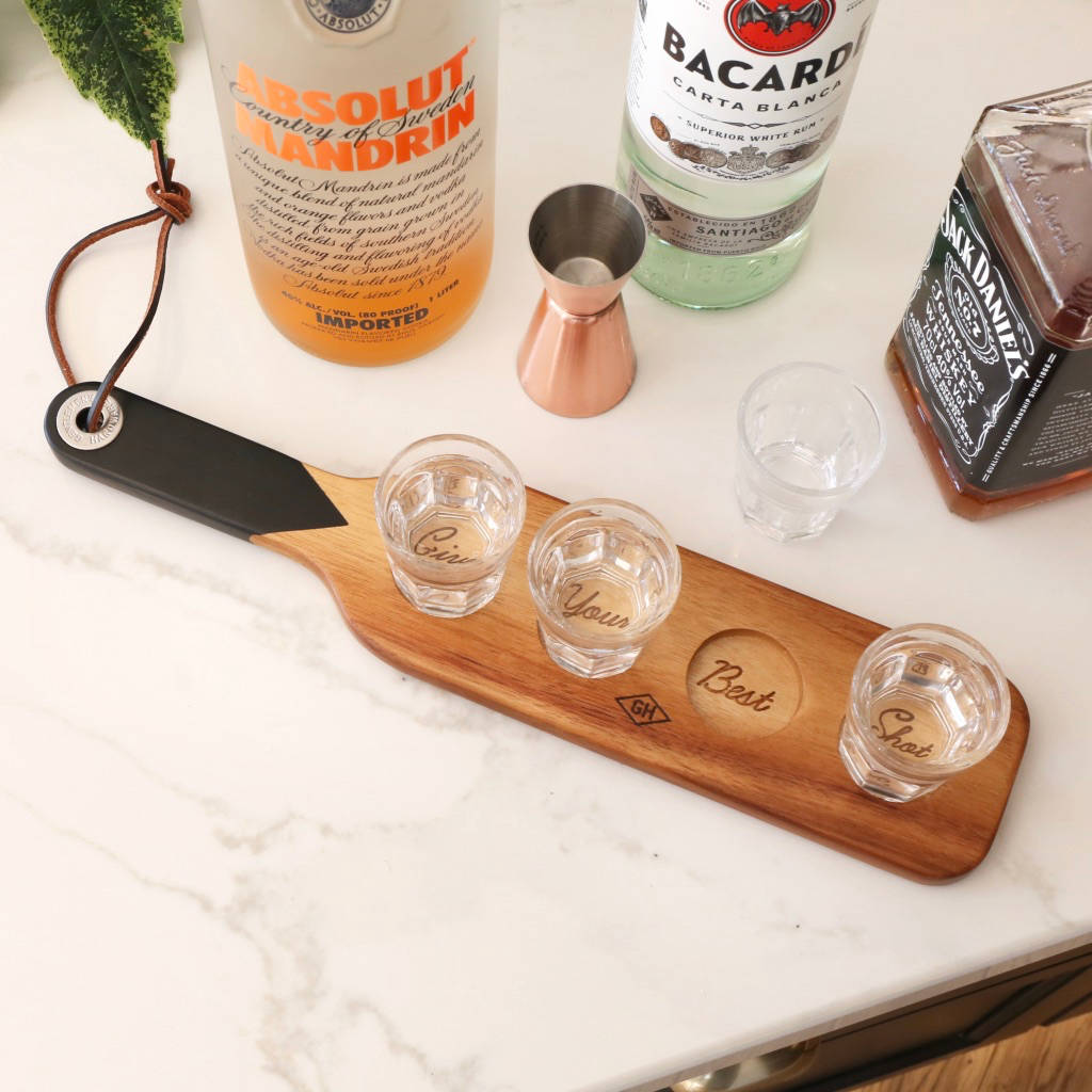 Wooden Serving Paddle And Shot Glasses By Lisa Angel