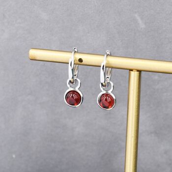 Sterling Silver Dangling Red Garnet Hoop Earrings, 2 of 11