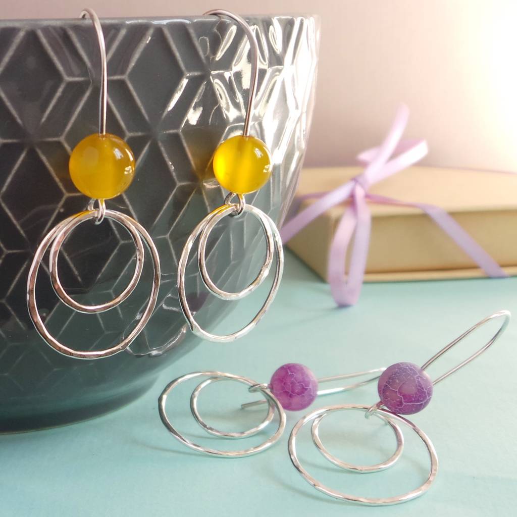 Gem Bead Circle Silver Drop Earrings By Shropshire Jewellery Designs