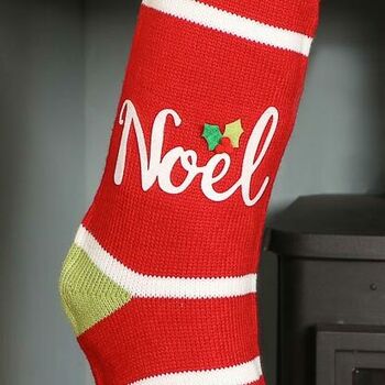 Personalised Noel Candy Cane Stripe Knit Stocking, 6 of 9