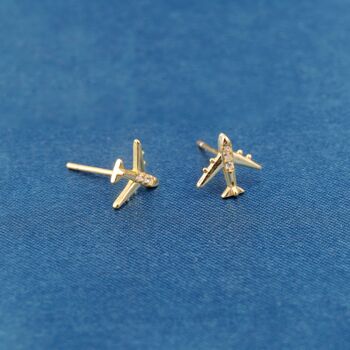 Gold Cz Plane Stud Earrings, Aeroplane Earrling, Airplane Earrings, 6 of 7