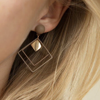 Matt Brown And Gold Colour Double Diamond Drop Earrings, 2 of 3